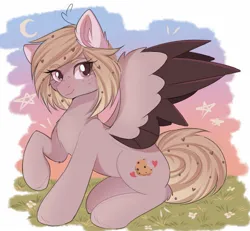 Size: 1513x1399 | Tagged: safe, artist:freyamilk, derpibooru import, oc, unofficial characters only, pegasus, pony, crescent moon, eye clipping through hair, female, freckles, image, jpeg, mare, moon, sitting, solo, spread wings, wings