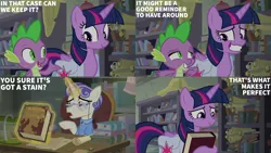 Size: 2000x1125 | Tagged: safe, derpibooru import, edit, edited screencap, editor:quoterific, screencap, first folio, spike, twilight sparkle, the point of no return, image, png