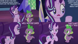 Size: 2000x1125 | Tagged: safe, derpibooru import, edit, edited screencap, editor:quoterific, screencap, spike, starlight glimmer, shadow play, image, png