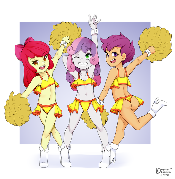 Size: 2500x2546 | Tagged: suggestive, artist:oozutsucannon, banned from derpibooru, ponerpics import, ponybooru import, apple bloom, scootaloo, sweetie belle, equestria girls, boots, butt, cameltoe, cheerleader, cheerleader outfit, clothes, female, females only, image, lolicon, panties, png, pom pom, scootabutt, shoes, thong, underage, underwear