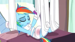 Size: 1920x1080 | Tagged: semi-grimdark, artist:wubcakeva, derpibooru import, edit, edited screencap, screencap, rainbow dash, pony, fanfic:a precious rainbow, rainbow falls, a precious rainbow, amputation, amputee, bandage, bandaid, bed, blood, blood stains, female, hospital, hospital bed, hospital room, image, passed out, png, sleeping, solo, solo female, wingless