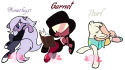 Size: 861x482 | Tagged: safe, artist:jess4horses, artist:siti shafiyyah, ponified, earth pony, pony, fighting is magic, amethyst (steven universe), book, crossover, eyes closed, female, garnet (steven universe), glasses, grin, gritted teeth, image, mare, pearl (steven universe), png, signature, simple background, smiling, steven universe, transparent background, trio, trio female, watermark