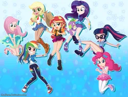 Size: 2030x1548 | Tagged: safe, artist:charliexe, derpibooru import, edit, applejack, fluttershy, pinkie pie, rainbow dash, rarity, sci-twi, spike, spike the regular dog, sunset shimmer, twilight sparkle, dog, human, equestria girls, clothes, cowboy hat, fluttershy boho dress, glasses, hat, human coloration, humanized, image, jacket, leather, leather jacket, leggings, png, rah rah skirt, rarity peplum dress, skirt, stetson