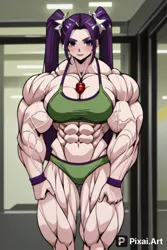 Size: 1024x1536 | Tagged: suggestive, derpibooru import, machine learning generated, aria blaze, human, ai content, aria brute, bikini, clothes, female, female muscle growth, fetish, humanized, image, jpeg, muscle fetish, muscles, muscular female, swimsuit