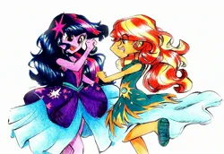 Size: 2612x1797 | Tagged: safe, artist:liaaqila, derpibooru import, sunset shimmer, twilight sparkle, equestria girls, legend of everfree, duo, image, jpeg, simple background, smiling, traditional art, white background