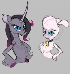 Size: 1350x1426 | Tagged: safe, artist:thescornfulreptilian, derpibooru import, oleander (tfh), sheep, unicorn, them's fightin' herds, community related, disappointed, duo, duo female, female, hoof on hip, image, oleander is not amused, png, pom (tfh), pom is not amused, sketch, unamused