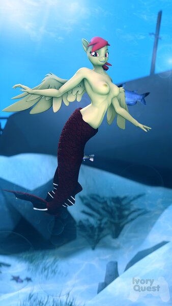 Size: 2160x3840 | Tagged: questionable, artist:ivoryquest, derpibooru import, oc, unofficial characters only, anthro, mermaid, 3d, breasts, female, image, jpeg, nipples, nudity, solo, solo female, underwater, water