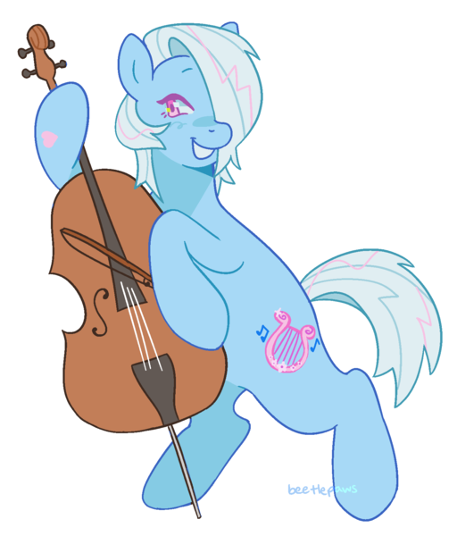 Size: 1411x1653 | Tagged: safe, artist:beetlepaws, derpibooru import, bee bop, earth pony, pony, blue, cello, cutie mark, hoof heart, image, musical instrument, pink eyes, png, simple background, smiling, standing, transparent background, underhoof