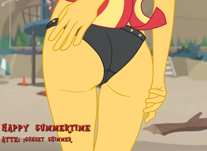 Size: 1900x1385 | Tagged: suggestive, artist:gmaplay, derpibooru import, sunset shimmer, equestria girls, ass, beach, bunset shimmer, butt, butt touch, clothes, hand on butt, image, png, postal, presenting, seductive, seductive pose, solo, summer, summertime, swimsuit