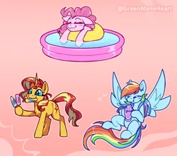 Size: 4664x4128 | Tagged: safe, artist:greenmaneheart, derpibooru import, pinkie pie, rainbow dash, sunset shimmer, earth pony, pegasus, pony, unicorn, drink, food, image, milkshake, png, pool toy, popsicle