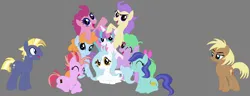 Size: 1930x742 | Tagged: safe, artist:selenaede, artist:star polaris and friends, derpibooru import, coconut palm, cranberry pit, cream puff, ginger tea, grape stem, grapefruit squash, princess flurry heart, scribble pad, star tracker, stratus wind, alicorn, earth pony, pony, base used, derpibooru exclusive, female, gray background, group, image, male, mane six opening poses, mare, older, older cream puff, older flurry heart, older ginger tea, older grape stem, older star tracker, png, simple background, stallion, zeppelin children