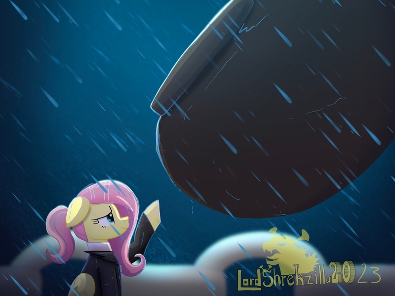 Size: 2732x2048 | Tagged: safe, artist:lordshrekzilla20, derpibooru import, fluttershy, ape, gorilla, kaiju, pegasus, fanfic:a king to a god, chains, image, jpeg, king kong, rain