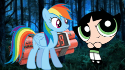 Size: 854x480 | Tagged: safe, rainbow dash, bomb, buttercup (powerpuff girls), duo, duo female, explosion, female, forest, image, mp4, night, tree, weapon, wtf boom!