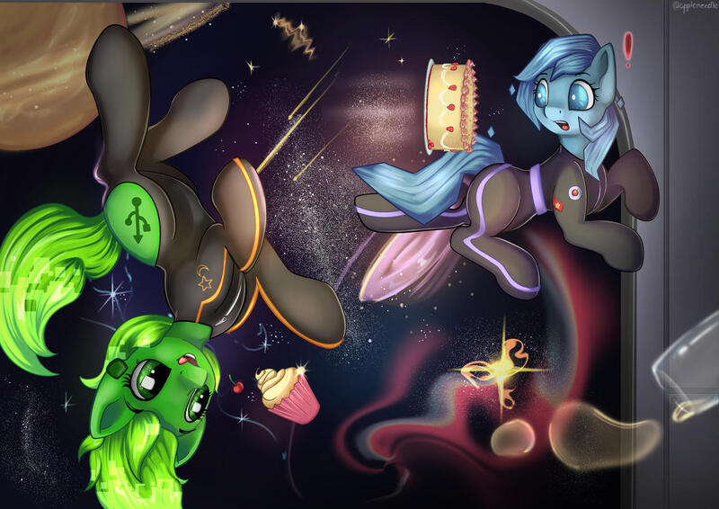 Size: 1280x906 | Tagged: safe, artist:appleneedle, derpibooru import, oc, oc:holopon, oc:pixel, earth pony, pony, astronaut, cake, clothes, commission, con, convention, costume, cupcake, cute, digital, female, food, future, image, jpeg, mascot, planet, poniesonline, science fiction, siblings, sisters, space, stars