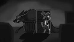 Size: 2835x1594 | Tagged: safe, artist:cocoateaworth, derpibooru import, goat, wolf, them's fightin' herds, community related, image, monochrome, png, shadow, shanty (tfh), sneaking