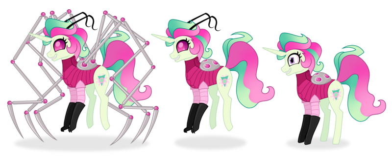 Size: 3891x1576 | Tagged: safe, artist:unoriginai, derpibooru import, oc, unofficial characters only, alien, alien pony, hybrid, unicorn, antennae, clothes, crossover, crossover ship offspring, disguise, gloves, image, invader zim, irken, irken pony, missing ear, offspring, parent:princess celestia, parent:zim, png, simple background, transparent background