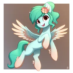 Size: 1900x1900 | Tagged: safe, artist:luminousdazzle, derpibooru import, oc, unnamed oc, pegasus, pony, blank flank, colored wings, feathered fetlocks, female, flower, flower in hair, flying, gradient hooves, gradient wings, image, mare, open mouth, pegasus oc, png, simple background, smiling, spread wings, wavy mane, wings