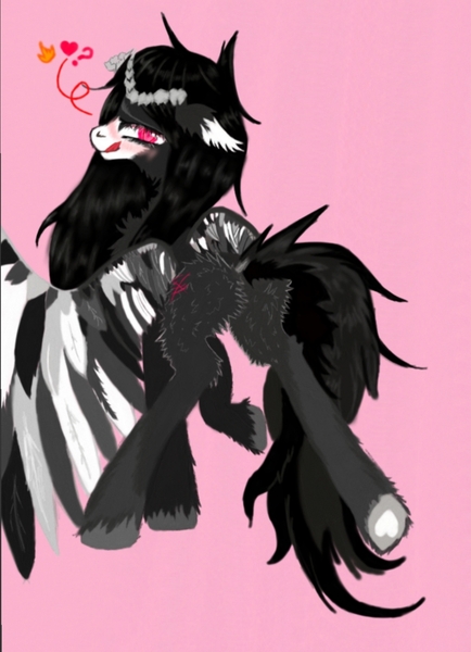 Size: 3072x4247 | Tagged: safe, artist:btg, derpibooru import, oc, unofficial characters only, demon, demon pony, original species, pony, butt fluff, chest fluff, ear fluff, female, floating heart, heart, hybrid oc, image, inviting you, jpeg, looking at you, looking back, looking back at you, magenta background, mare, question mark, simple background, solo, wings