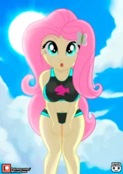 Size: 1414x2000 | Tagged: safe, artist:minusclass, derpibooru import, fluttershy, butterfly, human, insect, equestria girls, belly button, bikini, bikini bottom, bikini top, breast squeeze, breasts, busty fluttershy, clothes, cloud, cute, female, hairclip, image, jpeg, legs, looking at you, midriff, patreon, patreon logo, shyabetes, sky, solo, solo female, stupid sexy fluttershy, sun, swimsuit