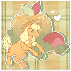 Size: 1280x1280 | Tagged: safe, artist:daffidaizy, derpibooru import, applejack, earth pony, pony, appletun, crossover, duo, heart, image, png, pokémon