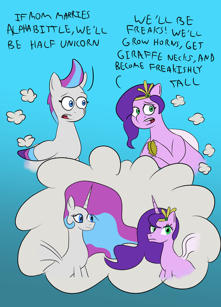 Size: 5100x7080 | Tagged: safe, artist:toonyloo, derpibooru import, pipp petals, princess celestia, princess luna, zipp storm, alicorn, pegasus, g5, alicornified, horn, image, implied queen haven, jpeg, race swap, racism, the simpsons, wings