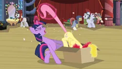 Size: 1280x720 | Tagged: safe, derpibooru import, screencap, fluttershy, twilight sparkle, pegasus, pony, unicorn, hearth's warming eve (episode), box, curtains, image, magic, png, pulling, straining, unicorn twilight