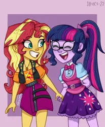 Size: 1280x1549 | Tagged: safe, artist:kikimi34454, derpibooru import, sci-twi, sunset shimmer, twilight sparkle, human, equestria girls, clothes, duo, duo female, female, g4, glasses, grin, holding hands, image, looking at someone, meganekko, open mouth, open smile, png, skirt, smiling