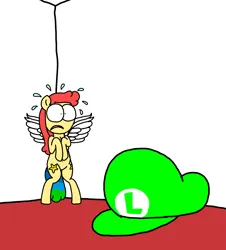 Size: 3023x3351 | Tagged: safe, artist:professorventurer, derpibooru import, part of a set, oc, oc:power star, belly button, cap, cowering, hat, image, luigi's hat, png, traumatized