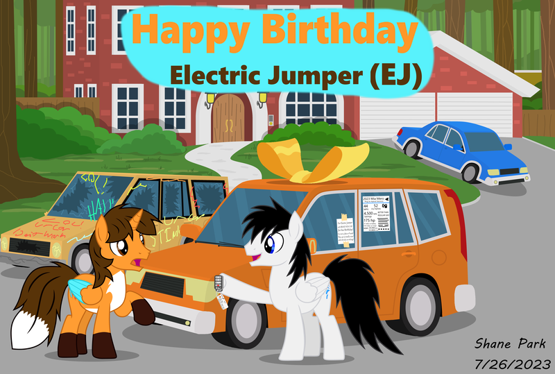 Size: 9500x6403 | Tagged: safe, artist:creedyboy124, derpibooru import, oc, oc:ej, oc:shane park, alicorn, pegasus, pony, birthday, car, happy birthday, house, image, male, png, present, stallion, suv, van