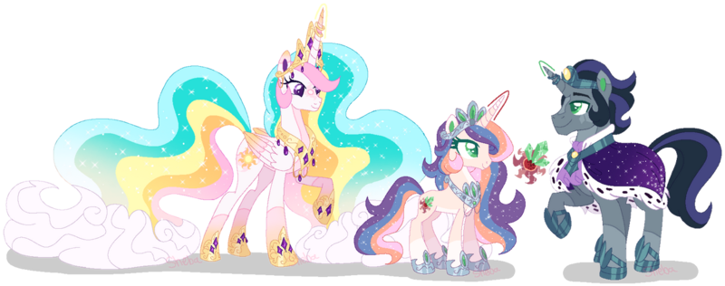 Size: 1280x506 | Tagged: safe, artist:shebasoda, derpibooru import, king sombra, princess celestia, oc, oc:princess hemera, alicorn, pony, unicorn, alternate design, blaze (coat marking), body markings, cape, celestibra, clothes, coat markings, colored eartips, colored wings, colored wingtips, crown, ethereal hair, ethereal mane, ethereal tail, facial markings, father and child, father and daughter, female, folded wings, gradient mane, gradient tail, green eyes, headcanon, hoof shoes, horn, horn ring, image, jewelry, looking at someone, looking down, male, mare, mother and child, mother and daughter, next generation, offspring, pale belly, parent:king sombra, parent:princess celestia, parents:celestibra, peytral, png, purple eyes, raised hoof, redesign, reformed sombra, regalia, ring, shipping, simple background, socks (coat marking), sparkly mane, sparkly tail, stallion, straight, tail, transparent background, twitterina design, unicorn oc, wings