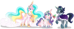 Size: 1280x506 | Tagged: safe, artist:shebasoda, derpibooru import, king sombra, princess celestia, oc, oc:princess hemera, alicorn, pony, unicorn, alternate design, blaze (coat marking), body markings, cape, celestibra, clothes, coat markings, colored eartips, colored wings, colored wingtips, crown, ethereal hair, ethereal mane, ethereal tail, facial markings, father and child, father and daughter, female, folded wings, gradient mane, gradient tail, green eyes, headcanon, hoof shoes, horn, horn ring, image, jewelry, looking at someone, looking down, male, mare, mother and child, mother and daughter, next generation, offspring, pale belly, parent:king sombra, parent:princess celestia, parents:celestibra, peytral, png, purple eyes, raised hoof, redesign, reformed sombra, regalia, ring, shipping, simple background, socks (coat marking), sparkly mane, sparkly tail, stallion, straight, tail, transparent background, twitterina design, unicorn oc, wings