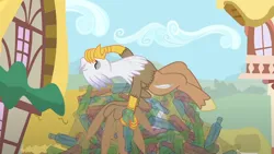 Size: 1280x720 | Tagged: safe, artist:mlp-silver-quill, derpibooru import, oc, oc:silver quill, hippogriff, after the fact, after the fact:inspiration manifestation, empty bottles, hangover, image, png, ponyville