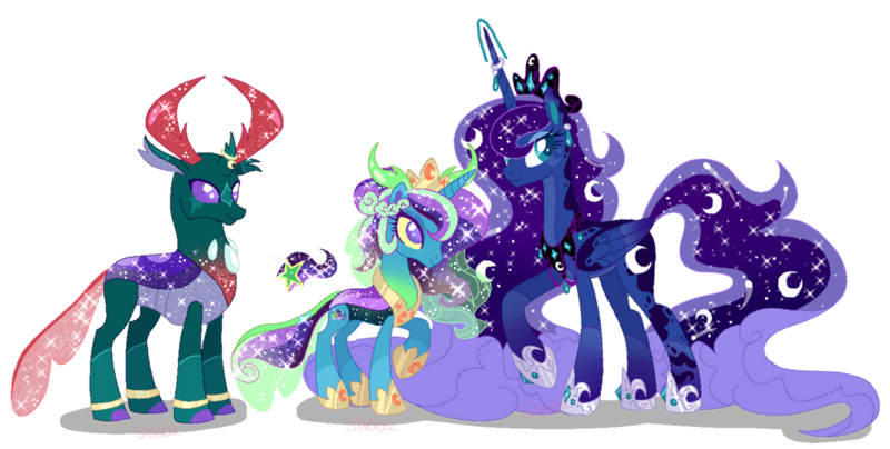 Size: 1280x647 | Tagged: safe, artist:shebasoda, derpibooru import, pharynx, princess luna, oc, oc:princess mariposa, alicorn, changedling, changeling, changepony, hybrid, pony, body markings, braid, changeling hybrid, coat markings, colored hooves, colored sclera, colored wings, colored wingtips, crown, ethereal hair, ethereal mane, ethereal tail, eyeshadow, facial markings, father and child, father and daughter, female, folded wings, gradient wings, headcanon, hoof shoes, horn, horn ring, hybrid oc, image, interspecies offspring, jewelry, lidded eyes, looking at someone, lunarynx, makeup, male, mare, mother and child, mother and daughter, multicolored wings, offspring, pale belly, parent:pharynx, parent:princess luna, parents:lunarynx, peytral, png, purple eyes, raised hoof, redesign, regalia, ring, shipping, simple background, smiling, socks (coat marking), sparkly, sparkly horn, sparkly mane, sparkly tail, stallion, standing, star (coat marking), starry mane, starry tail, straight, tail, teal eyes, tiara, transparent background, wings, yellow sclera