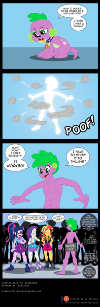 Size: 900x2742 | Tagged: questionable, alternate version, artist:niban-destikim, derpibooru import, edit, rarity, sci-twi, spike, spike the regular dog, sunset shimmer, twilight sparkle, dog, human, equestria girls, ass, butt, censored, comic, deviantart, human spike, humanized, image, implied small penis, jpeg, male nipples, nipples, nudity, poof, reacting to nudity, sad, small penis humiliation, transformation, wish