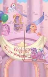 Size: 1680x2680 | Tagged: safe, artist:ken edwards, derpibooru import, skywishes, sunny daze (g3), toola roola, earth pony, pony, g3, banner, belle of the ball, castle, female, group, image, jpeg, mare, quartet, scan