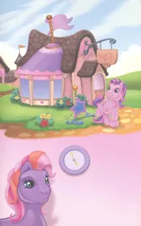 Size: 1680x2680 | Tagged: safe, artist:ken edwards, derpibooru import, skywishes, twinkle twirl, earth pony, pony, g3, belle of the ball, clock, duo, female, image, jpeg, mare, scan