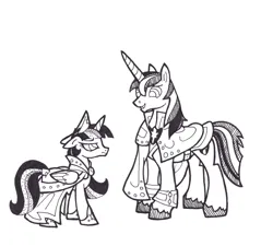 Size: 2628x2364 | Tagged: safe, artist:foldawaywings, derpibooru import, shining armor, twilight sparkle, twilight sparkle (alicorn), alicorn, pony, unicorn, annoyed, black and white, brother and sister, clothes, duo, female, filly, filly twilight sparkle, foal, grayscale, image, ink drawing, jpeg, male, monochrome, siblings, simple background, stallion, traditional art, white background, younger