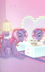 Size: 1680x2680 | Tagged: safe, artist:ken edwards, derpibooru import, twinkle twirl, earth pony, pony, g3, belle of the ball, female, image, jpeg, mare, mirror, note, sad, scan, solo, vanity
