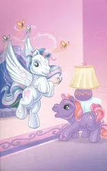 Size: 1680x2680 | Tagged: safe, artist:ken edwards, derpibooru import, star catcher, twinkle twirl, butterfly, earth pony, insect, pegasus, pony, g3, belle of the ball, duo, female, flying, image, jpeg, mare, scan, spread wings, wings