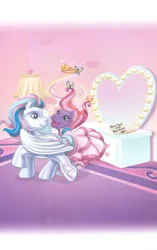 Size: 1680x2680 | Tagged: safe, artist:ken edwards, derpibooru import, star catcher, twinkle twirl, butterfly, earth pony, insect, pegasus, pony, g3, belle of the ball, clothes, crown, dress, duo, female, image, jewelry, jpeg, mare, mirror, note, regalia, scan, vanity