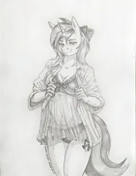 Size: 2902x3758 | Tagged: suggestive, artist:baron engel, derpibooru import, oc, oc:minty root, unofficial characters only, anthro, unicorn, bedroom eyes, bow, breasts, clothes, flirting, hair bow, image, jpeg, legs together, lingerie, monochrome, nightgown, open clothes, open shirt, panties, see-through, shirt, solo, traditional art, underwear, undressing