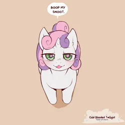 Size: 1200x1200 | Tagged: safe, artist:cold-blooded-twilight, derpibooru import, sweetie belle, pony, unicorn, blushing, boop request, brown background, dialogue, female, filly, foal, heart, heart eyes, high angle, image, looking at you, looking up, looking up at you, open mouth, png, simple background, speech bubble, wingding eyes