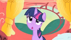 Size: 1280x720 | Tagged: safe, derpibooru import, screencap, twilight sparkle, pony, unicorn, party of one, curtains, golden oaks library, image, library, open mouth, out of context, pillow, png, solo, unicorn twilight, window
