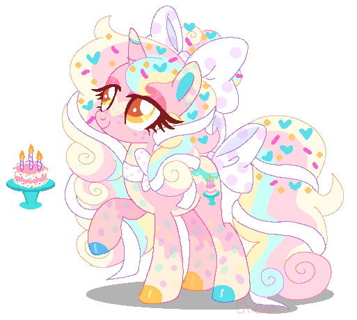 Size: 513x460 | Tagged: safe, artist:shebasoda, derpibooru import, oc, oc:birthday cake, unofficial characters only, pony, unicorn, big eyelashes, body markings, bow, closed mouth, clothes, coat markings, colored eartips, colored eyelashes, colored pupils, eyeshadow, facial markings, female, food, freckles, girly, golden eyes, hair bow, hair ribbon, horn, image, lidded eyes, looking up, makeup, mare, neck bow, pale belly, png, raised hoof, ribbon, simple background, smiling, socks, solo, sprinkles, standing, star (coat marking), tail, tail bow, transparent background, unicorn oc, yellow eyes