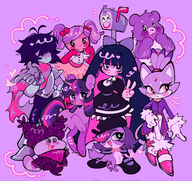 Size: 2048x1927 | Tagged: safe, artist:bunbunbewwii, derpibooru import, twilight sparkle, pony, unicorn, anarchy stocking, anime, blaze the cat, blue's clues, care bears, deltarune, image, jpeg, lalaloopsy, littlest pet shop, mailbox, panty and stocking with garterbelt, peanut big top, purple background, share bear, simple background, sonic the hedgehog (series), unicorn twilight, zoe trent