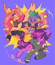 Size: 1728x2048 | Tagged: safe, artist:bunbunbewwii, derpibooru import, fluttershy, spike, twilight sparkle, dragon, pegasus, pony, unicorn, clothes, crossover, gun, image, jpeg, magic, necktie, spy x family, suit, telekinesis, unicorn twilight, weapon