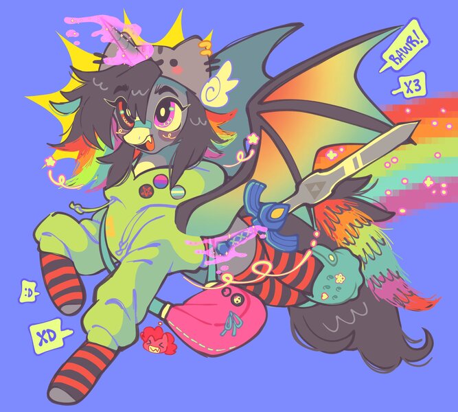 Size: 2048x1843 | Tagged: safe, artist:bunbunbewwii, derpibooru import, oc, unofficial characters only, alicorn, bat pony, bat pony alicorn, pony, :d, bag, bat wings, bisexual, bisexual pride flag, bisexuality, blue background, clothes, cringesona, crocs, demiboy, demiboy pride flag, dyed mane, heterochromia, hoodie, horn, image, jpeg, magic, master sword, open mouth, open smile, ponysona, pride, pride flag, rainbow, rawr, simple background, smiling, sword, the legend of zelda, weapon, wings, x3, xd