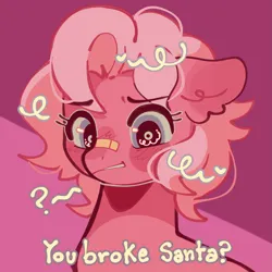 Size: 2027x2027 | Tagged: safe, artist:bunbunbewwii, derpibooru import, pinkie pie (g3), earth pony, pony, a very minty christmas, g3, bandaid, bandaid on nose, image, png, question mark, solo