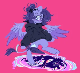 Size: 2048x1856 | Tagged: safe, artist:bunbunbewwii, derpibooru import, oc, oc:creekflow, oc:vylet, unofficial characters only, pegasus, pony, carousel (an examination of the shadow creekflow and its life as an afterthought), clothes, ear piercing, hoodie, image, jpeg, pegasus oc, piercing, pink background, simple background, song cover, wings