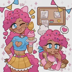 Size: 1600x1600 | Tagged: safe, artist:michoobun, derpibooru import, pinkie pie, human, alternate hairstyle, belly button, belt, boob window, chef's hat, chocolate, clothes, collar, cookie, cute, dark skin, diapinkes, ear piercing, eared humanization, earring, female, food, hat, heart, humanized, image, jewelry, midriff, muffin, one eye closed, pansexual pride flag, piercing, png, pride, pride flag, short shirt, skirt, solo, spoon, tail, tailed humanization, tongue out, tongue piercing, wink, wooden spoon